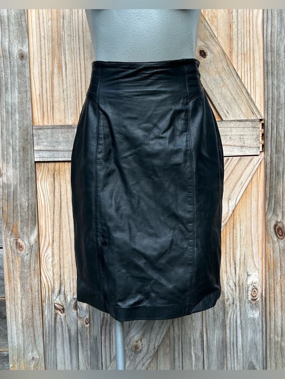 Vintage 80s Black Leather High Waisted Biker Grunge Goth Rocker Mini Skirt~7~